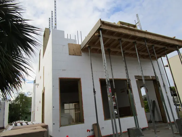 5th Avenue project in Tampa, FL — Two stories of ICF walls, large-span ICF beams and columns, and an elevated cantilevered concrete slab over the front porch.